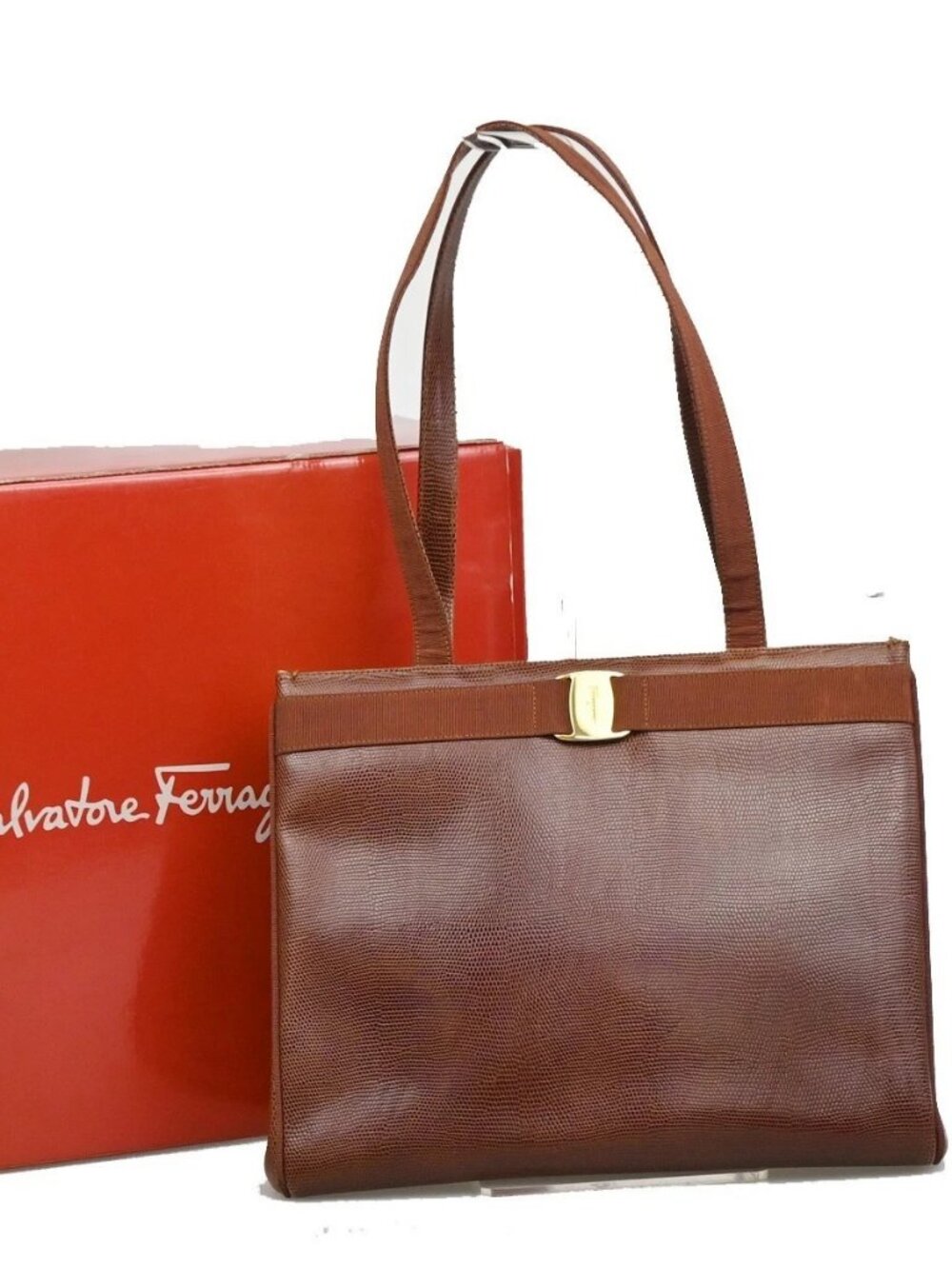 SALVATORE FERRAGAMO Logo Vara Shoulder Bag Embossing Leather Brown 63KB860